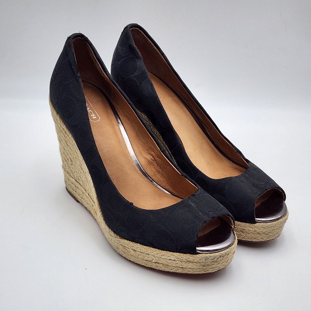 Coach Black Canvas Espadrille Wedge Peep-Toe Heels with Jute Platform
